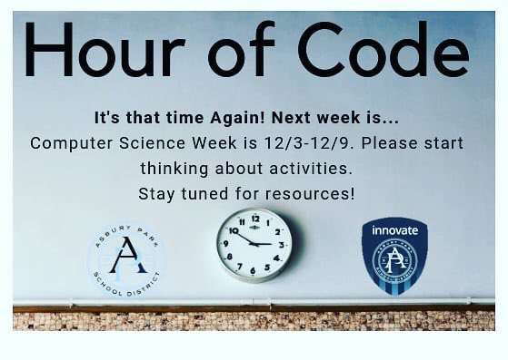 njPlantLady's tweet image. Next week is Computer Science Week! Can't wait to see the great activities! Stay tuned for resources! @Asbury_ParkSD @khwtekgirl @Prncpl_ERuiz @APSuperGray #codingforall