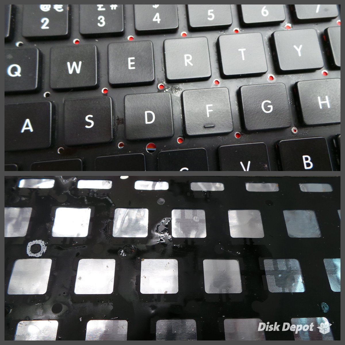 diskdepot's tweet photo. This #Apple #MacBookPro #keyboard had glitching and rattling caused by #waterDamage, even after it was dried out. We replaced it with a new keyboard and the computer worked as good as new once more.   #diskdepot #Dundee #StAndrews #Mac #Repair https://t.co/lbUBBuLOa2