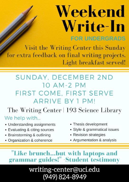 uciwrites's tweet photo. This Sunday is Weekend Write-In! Drop by for free light breakfast and feedback on your final essays, reports, personal statements, research projects and more! Prep for #FinalsWeek with us! 💙✏️🍁 @UCIrvine #uciwrites #writein #zotzotzot https://t.co/lrqsDzwEkt