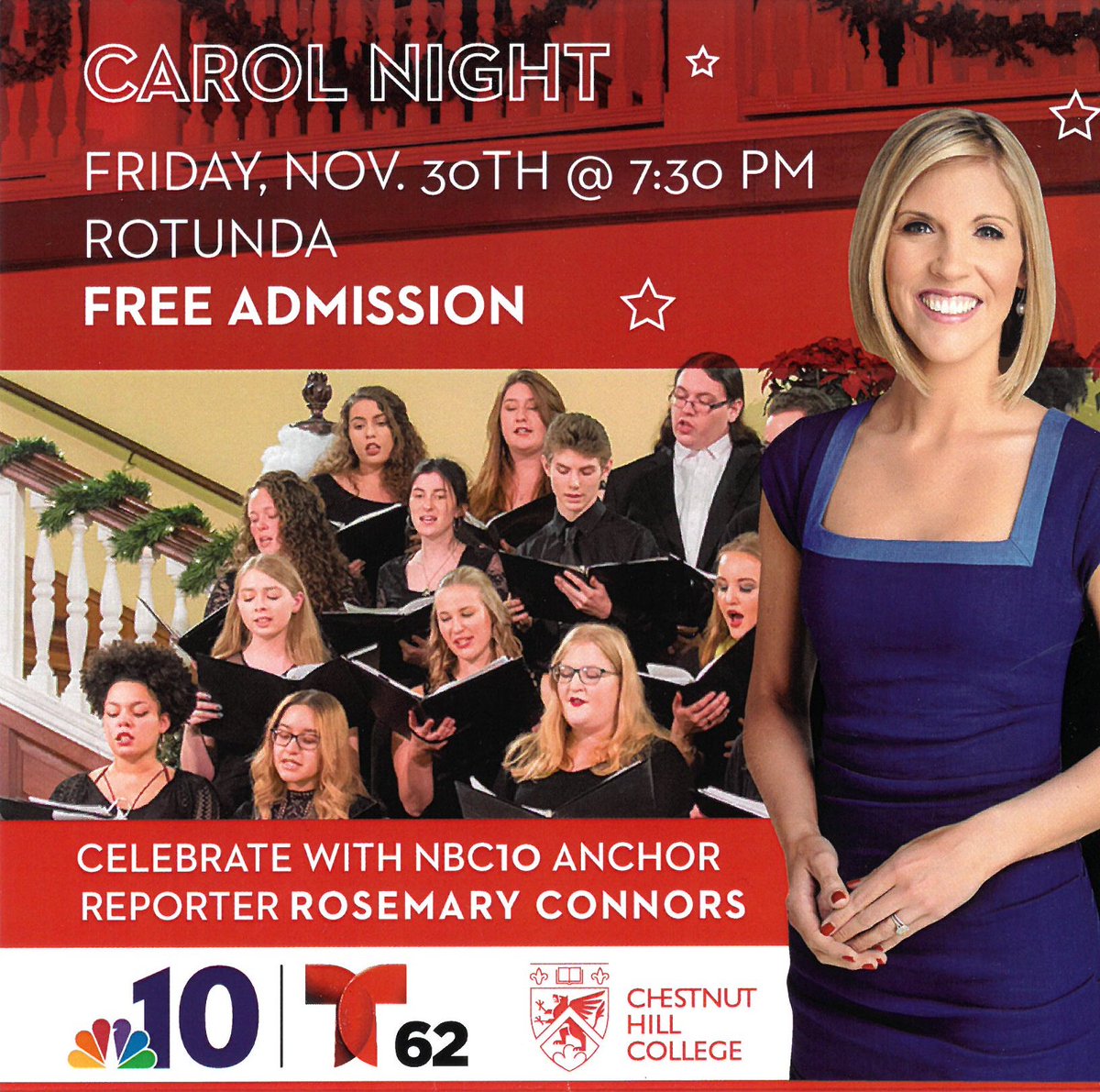 CHCMusicDept's tweet photo. Join us this Friday at 7:30pm for our annual Carol Night, where you can sing along with the Hill Singers and the CHC Wind Ensemble. Special guests include NBC10's Rosemary Connors and Old St. Nick! https://t.co/iH39rYFF4f