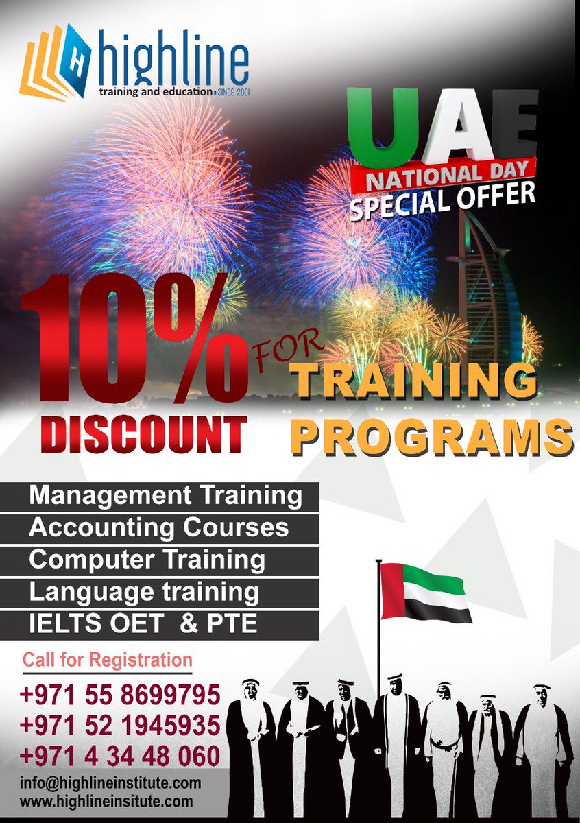 SafetyHighline's tweet photo. Celebrate #UAE #National_Day with Highline Institute. We are giving #offers on #Training_Programs Management Training, Accounting Courses, and Computers Training, language Training, IELTS, OET and PTE Courses on a discount of 10%. Call to Apply, Offers Valid till 3rd Dec 2018. https://t.co/3G5P6sXqHr