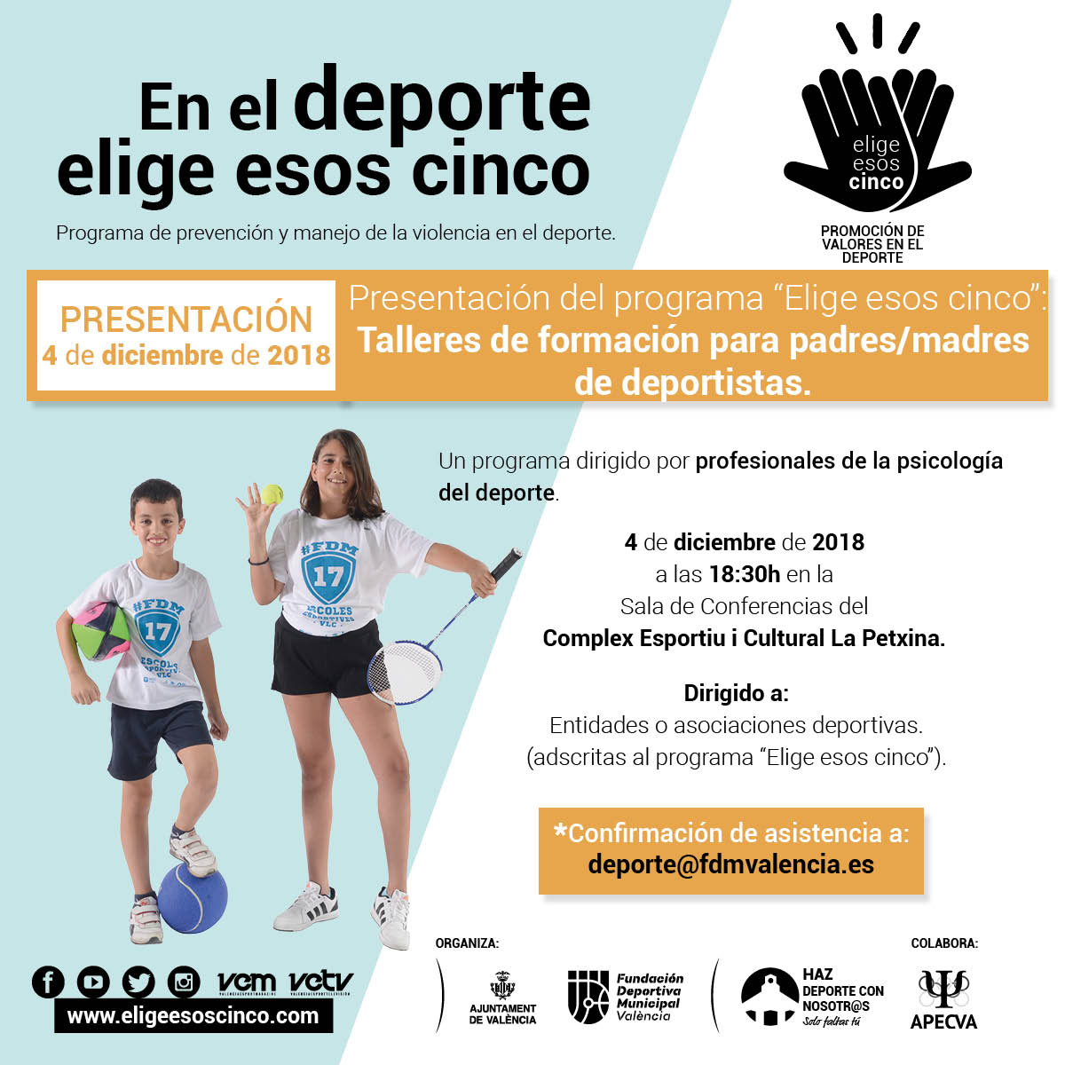 #Presentación del programa: #Talleres de formación para padres y madres de deportistas con el objetivo de dotar de herramientas útiles y prácticas a los familiares de los deportistas para fomentar un deporte #LibredeViolencia. <a href="/APECVA/">APECVA</a> <a href="/AjuntamentVLC/">Ajuntament València</a> <a href="/FDMValencia/">FDM Deporte València</a>  #EligeEsosCinco