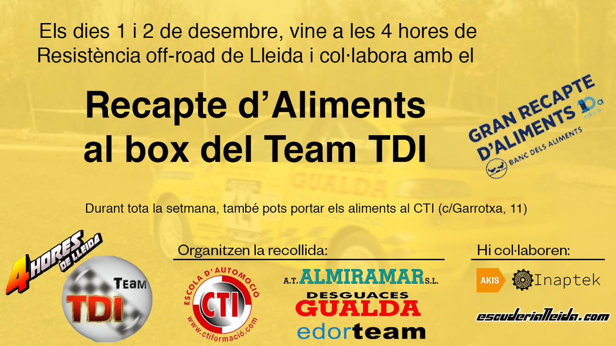 AKISint's tweet photo. Aquest cap de setmana arriba la gran festa de l’autocròs lleidatà, les #4hores de Resistència! Apropa’t al circuit de #Lleida i no et descuidis de portar una contribució per al @GranRecapte! AKIS col·labora amb la recollida organitzada pel #TeamTDI per al #BancdelsAliments. https://t.co/h87r0vgrwl