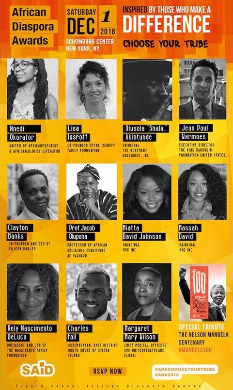 namoworldwide's tweet image. Great looking "tribe" of honorees for the 8th Annual African Diaspora Awards! 
Come to the @SchomburgCenter THIS SATURDAY Dec. 1st and be inspired as we honor the innovators, activists, trailblazers &amp;amp; disruptors leading the African Renaissance! bit.ly/2PMim9I #ADA2018