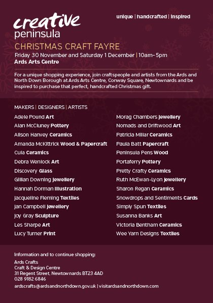 ANDborough's tweet photo. The Creative Peninsula Christmas Fayre is taking place this Fri 30/11 & Sat 1/12 at Ards Arts Centre. Browse the stalls of over 25 local artists & crafters to find a unique, handmade gift. 10am - 5pm on both days. Admission is free. #CreativePeninsula #ShopLocal #MerryAND🎄 https://t.co/9cyb2yVQIH