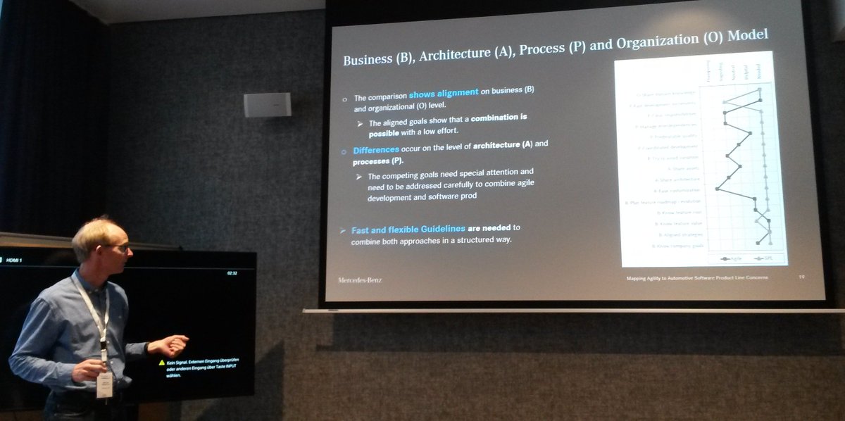 Michael Stupperich from Daimler at #profes18 #quasd18: How can #agility be combined with automotive product lines? Software components are reused across cars and hardware.  How to gain speed from agility  without losing #reusability (needs planning &amp; compliance)? <a href="/PROFES_conf/">@PROFES_conf</a>