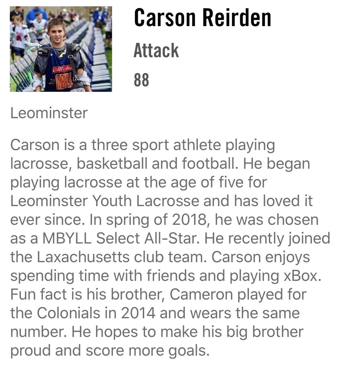 MYL_Colonials's tweet photo. #MeetTheseColonials
Meet Carson Reirden - a โlegacyโ attackman on MBC Red, picking up where brother Cam left off. Leominster Youth Lacrosse https://t.co/sj9psmvesq
