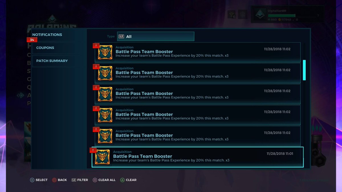 DigitalSanBR's tweet photo. @EvilMojoAlyssa @PaladinsGame I also noticed my daily missions showed no rewards earlier today and some notifications are messy. Here are all the photos from the moment I receivied the eSports notification to where I finished claiming them: https://t.co/ROZnyt8seU