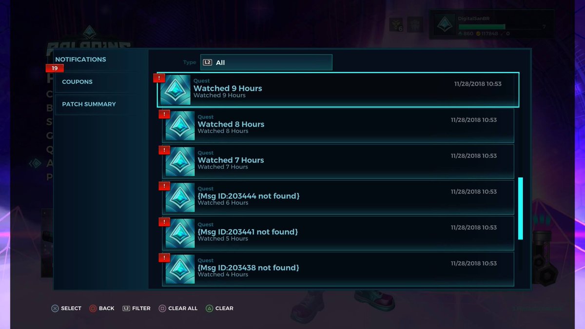 DigitalSanBR's tweet photo. @EvilMojoAlyssa @PaladinsGame I also noticed my daily missions showed no rewards earlier today and some notifications are messy. Here are all the photos from the moment I receivied the eSports notification to where I finished claiming them: https://t.co/ROZnyt8seU