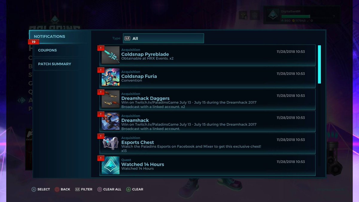DigitalSanBR's tweet photo. @EvilMojoAlyssa @PaladinsGame I also noticed my daily missions showed no rewards earlier today and some notifications are messy. Here are all the photos from the moment I receivied the eSports notification to where I finished claiming them: https://t.co/ROZnyt8seU