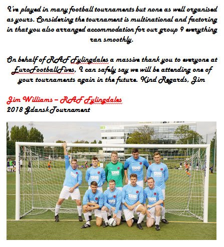 KrakowTrophy's tweet photo. May bank holiday weekend, 4th May2019 - The Gdansk Tournament.

Please get in touch for information and to sign up.

Contact: info@eurofootballfives.com
https://t.co/IXt2lfO0JU  

Testimonial from the 2018 tournament - see photo. https://t.co/CACUUiO9jI