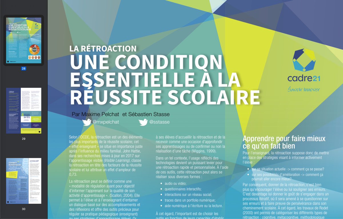 LeCADRE21's tweet image. L&apos;@ecolebranchee vient de lancer son numéro d&apos;hiver de son magazine autour d&apos;un sujet chaud en éducation: l&apos;évaluation. Nous sommes heureux d&apos;y avoir contribué avec un texte de @mxpelchat et @sstasse à propos de la rétroaction.
Bonne lecture!
#EduQc #Retroaction #EvalChange