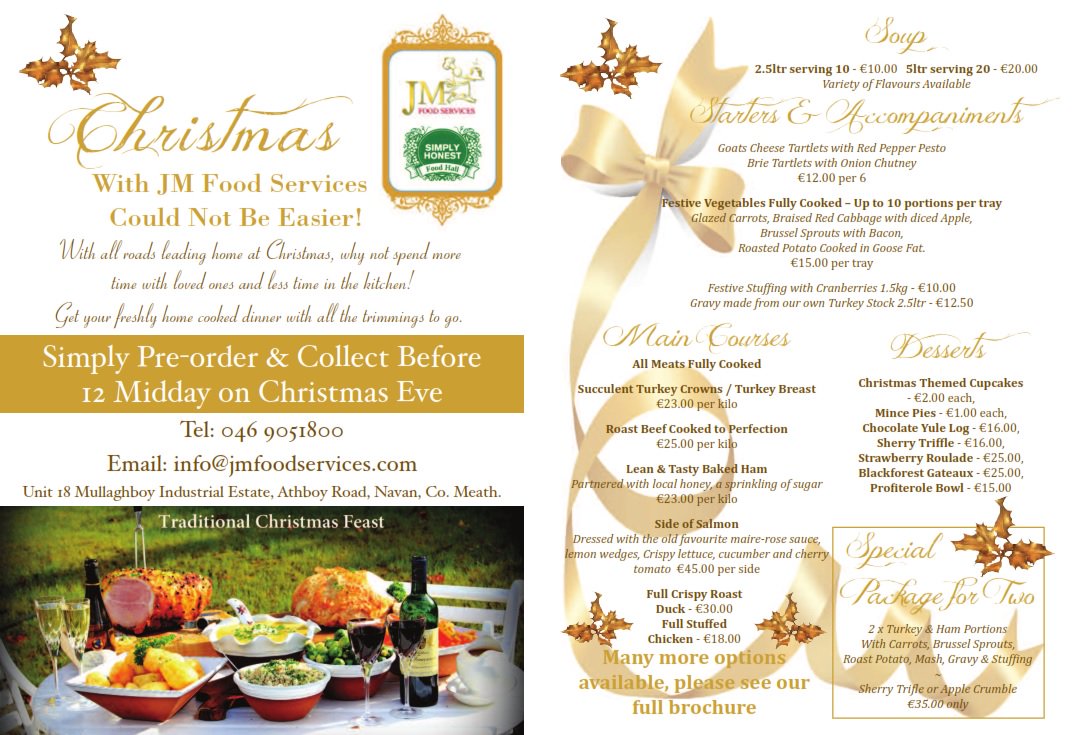 JMFoods (@jmfoodservices) on Twitter photo We are open for Christmas Dinner orders 🎅
Contact us today for a menu or to place your order
046 9051800 info@jmfoodservices.com
#christmasdinner #honeybakedham #roastturkey We are open for Christmas Dinner orders 🎅
Contact us today for a menu or to place your order
046 9051800 info@jmfoodservices.com
#christmasdinner #honeybakedham #roastturkey