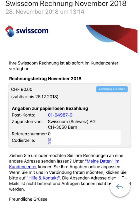 Attention, des criminels envoient actuellement des e-mails frauduleux écrit en Allemand contenant une prétendue facture au nom de Swisscom. Le but est d'infecter l'ordinateur du destinataire avec le cheval de Troie bancaire Gozi. Effacez l'e-mail sans ouvrir la pièce jointe !