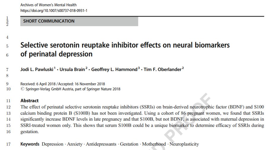 JodiPawluski's tweet photo. Brief communication in press @AWMH_Journal. #SSRIs, maternal #mood, #S100B, and #BDNF in women w/ @oberlanderlab and G Hammond @UBC . Last one of a Topical Collection on Neurobiology of Maternal Mental Illness coming soon. @irset_fr @UnivRennes1 #maternalmhmatters #parentalbrain https://t.co/ZJmAsMTh4y