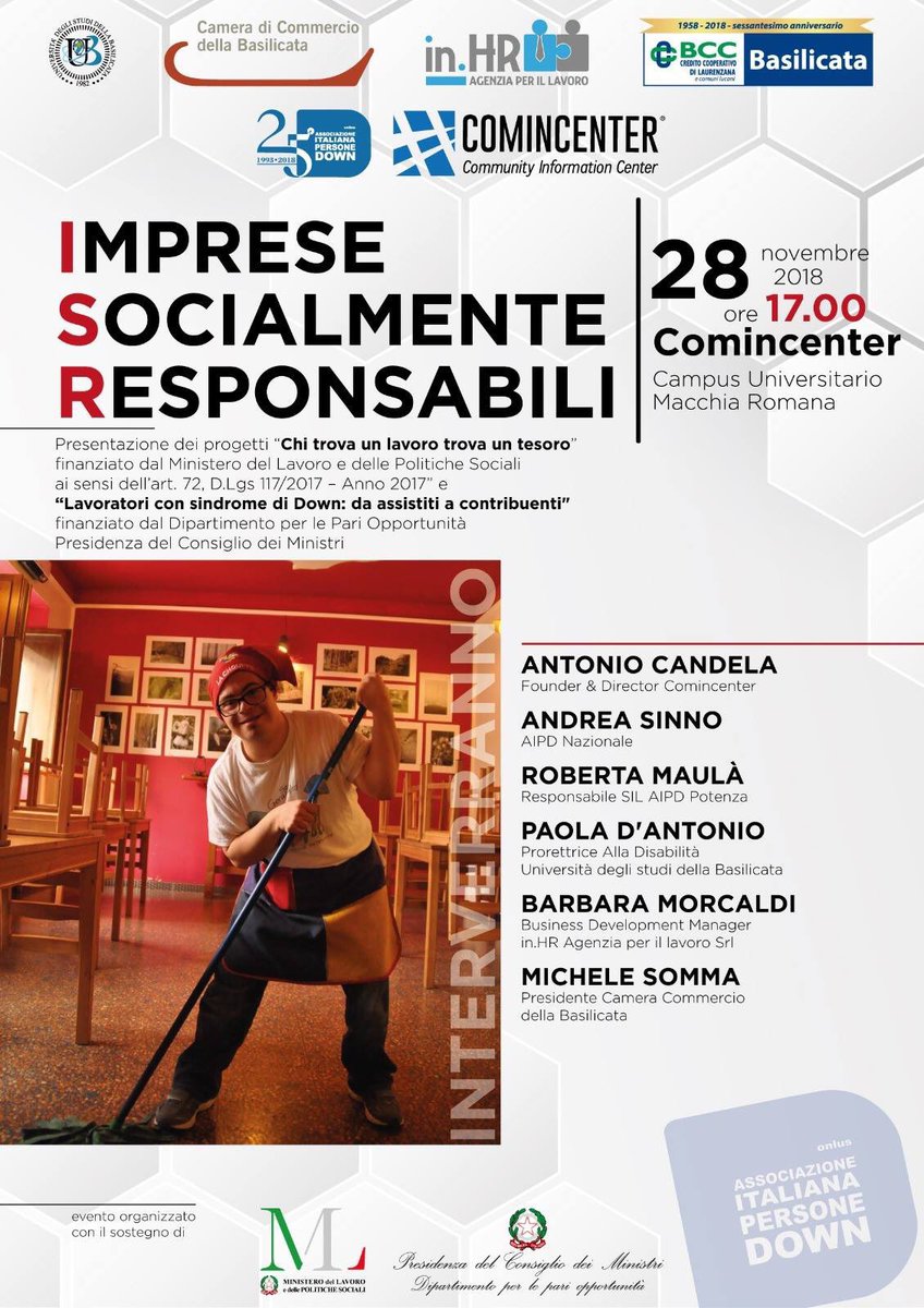 Un nuovo importante appuntamento al <a href="/Comincenter/">Comincenter</a> di #Potenza , oggi 28 novembre alle 17.00
Insieme a <a href="/aipdpzonlus/">Aipd Potenza onlus</a>  in.hr basilicata  <a href="/CamComBas/">CamCom Basilicata</a>, @UniBasilicata  e <a href="/BccBasilicata/">Bcc Basilicata</a> parleremo di Imprese Socialmente Responsabili.
Vi aspettiamo!!!