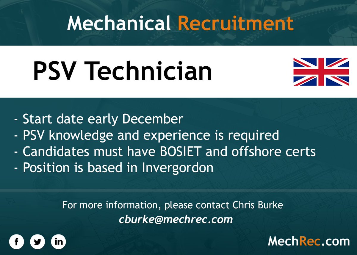 mechrec's tweet photo. HIRING NOW

Our client, an international process and pipeline commissioning service provider, is looking to hire a PSV technician on a 2-3 week contract. Starting in early December.

If you are interested in this position, please contact Chris Burke: cburke@mechrec.com https://t.co/Z7TFm9YG7K