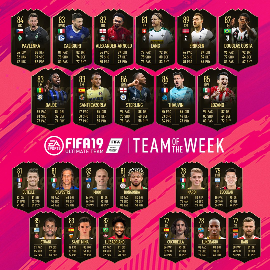 #TOTW mit 89 @ChrisEriksen8 🇩🇰, 87 @douglascosta 🇧🇷 & 78 @DodiLukebakio 🇨🇩! #FUT #FIFA19