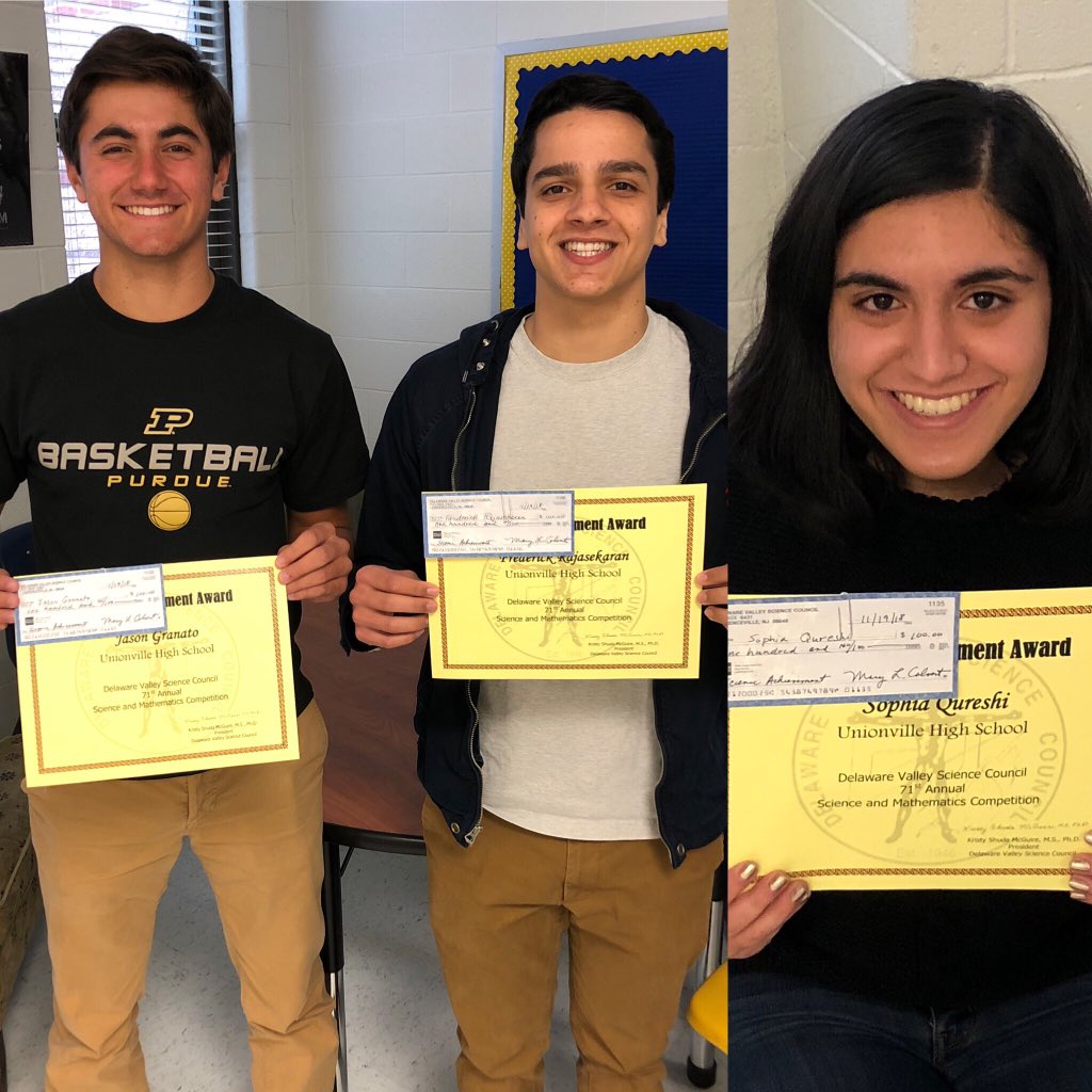 mag_hunt20's tweet photo. Congrats to Jason Granato, Fred Rajasekaran, and Sophia Qureshi on their Science Achievement Award from the Delaware Valley Science Council. It came with prize money too! #UHSAT #CatchTheSpirit #ProudofU https://t.co/w7Cp9SwpA7