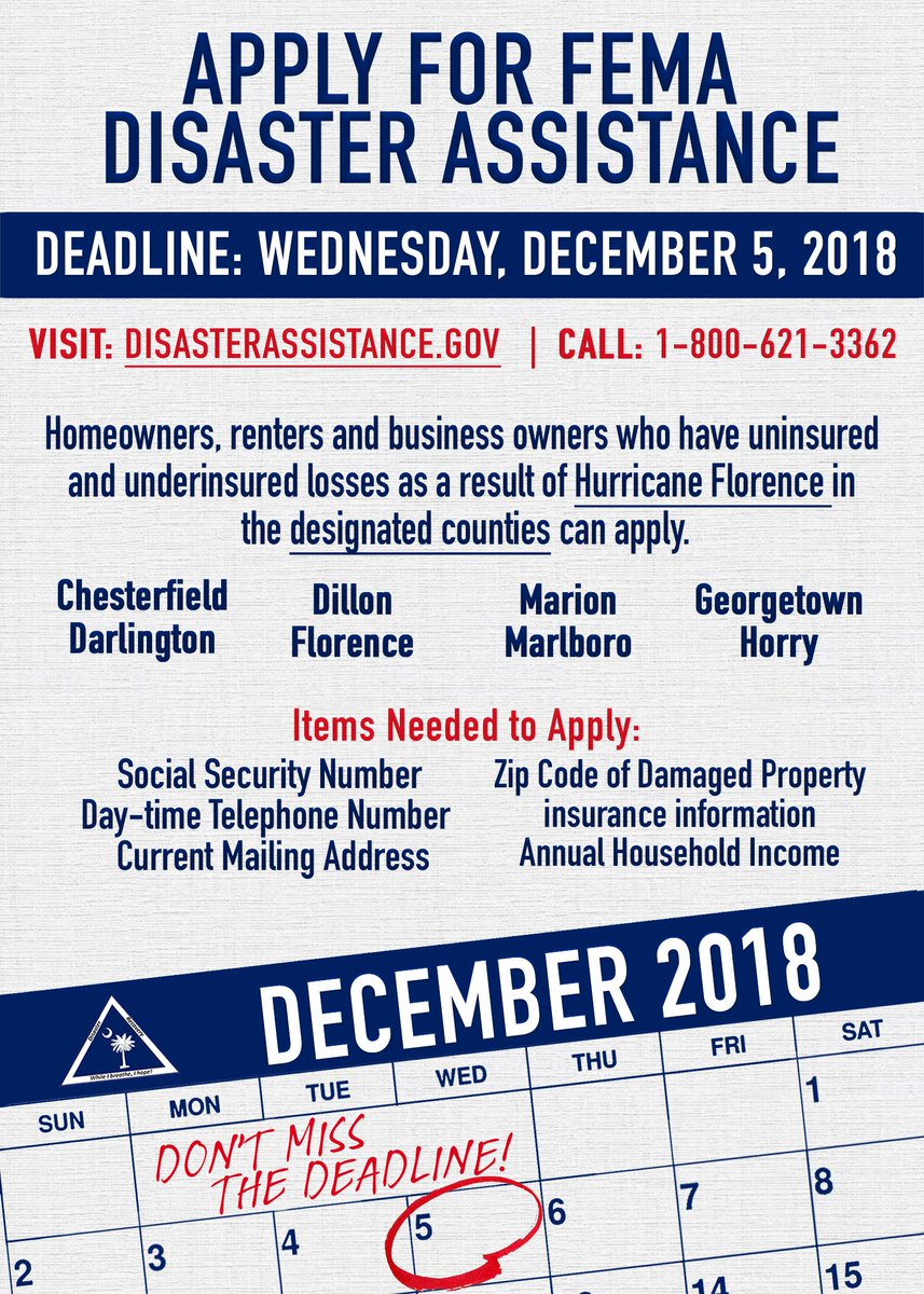 SCDRO_Gov's tweet photo. ATTENTION: If your home was damaged by #HurricaneFlorence, the deadline to apply for assistance from @fema is December 5th! For more information on FEMA assistance, visit: https://t.co/C6hP2L5Ivw #DisasterRecovery https://t.co/YbeSS3zpJB