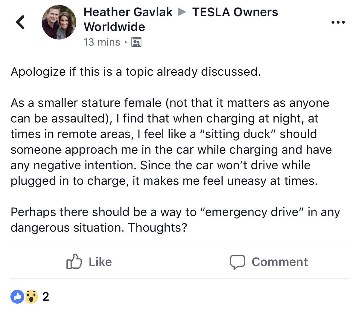 Hey <a href="/elonmusk/">Elon Musk</a> - my wife posted this concern about charging alone at night... Any ideas on an "emergency drive" while charging??