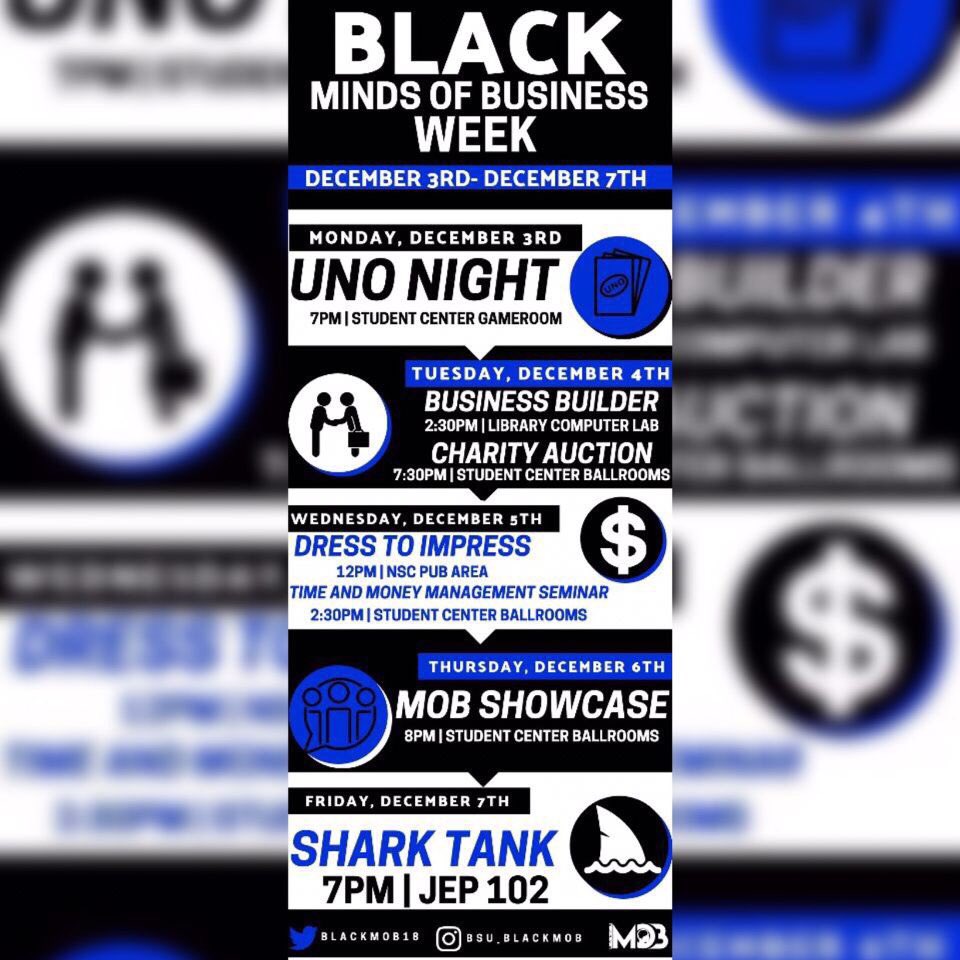 BSU_BlackMob's tweet photo. A Mind is a terrible thing to waste! So help us bring minds together for Minds of Business week with Black Mob. A Week of events and activities to help students develop business skills that will help them balance both there Professional and personal life. #BlackMob #Mobweek https://t.co/hY89iZ3ha7