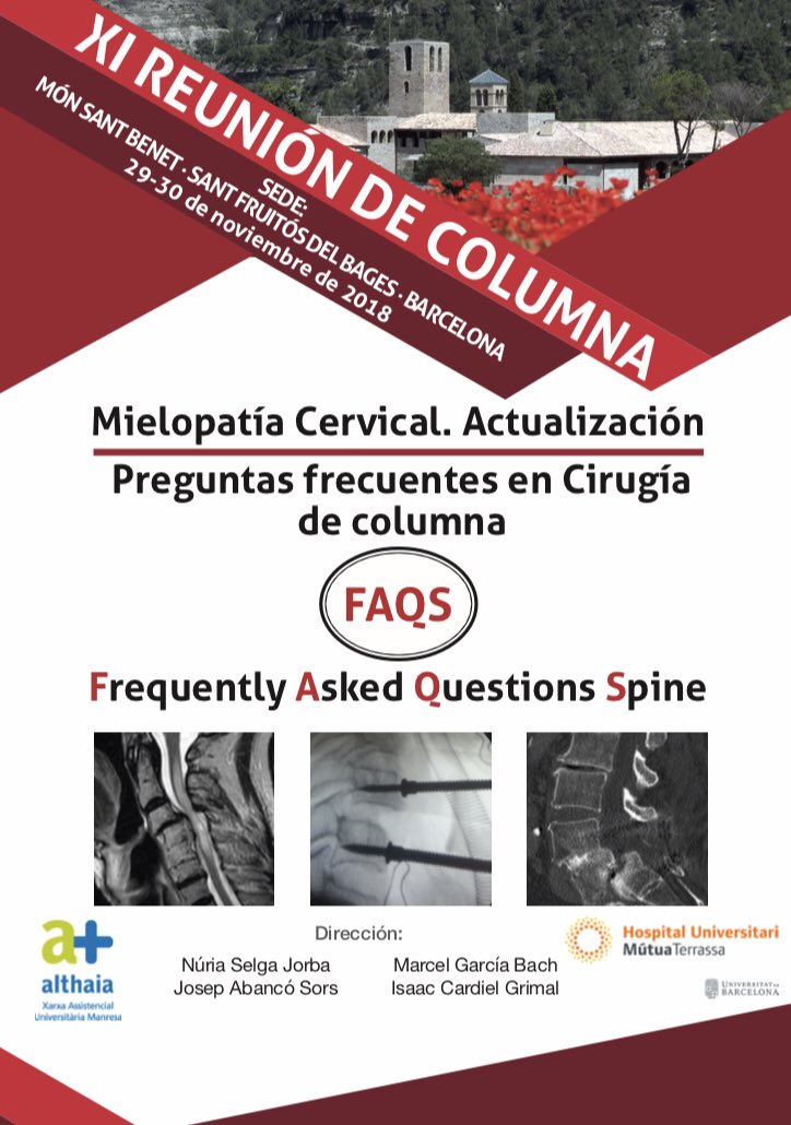 Dr.Isaac Cardiel (@cardiel_i) on Twitter photo El servicio de Traumatología de <a href="/althaiamanresa/">Fundació Althaia</a> conjuntamente con el servicio de Neurocirugía de <a href="/Mutua_Terrassa/">MutuaTerrassa</a>, organizan la XI Reunión de Columna. Se celebrará el 29 y 30 de noviembre y congregará a destacados cirujanos espinales del Vallés, Barcelona y del resto de España. El servicio de Traumatología de <a href="/althaiamanresa/">Fundació Althaia</a> conjuntamente con el servicio de Neurocirugía de <a href="/Mutua_Terrassa/">MutuaTerrassa</a>, organizan la XI Reunión de Columna. Se celebrará el 29 y 30 de noviembre y congregará a destacados cirujanos espinales del Vallés, Barcelona y del resto de España.