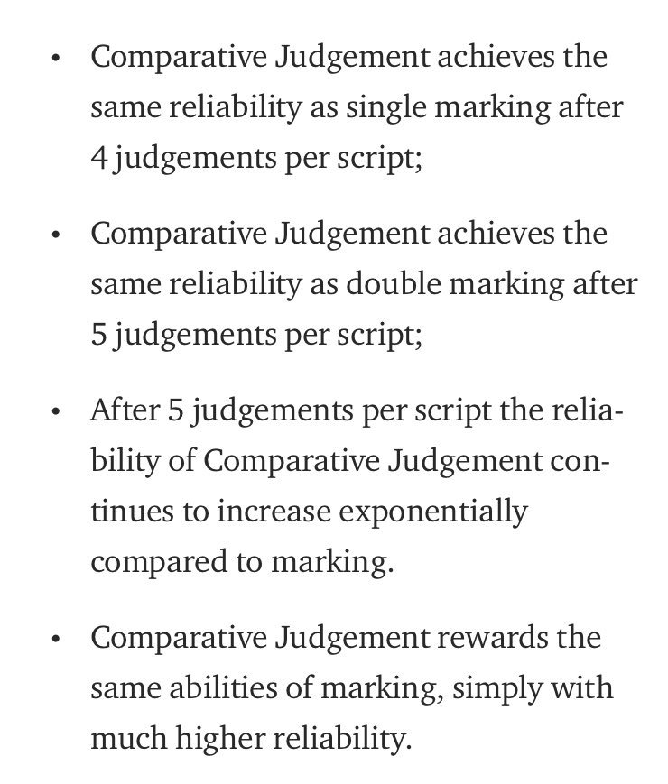 Very important research out from Ofqual today on marking consistency, including fascinating stuff on comparative judgement. Key takeaway: comparative judgement is a better predictor of marks than marking!! blog.nomoremarking.com/comparative-ju…