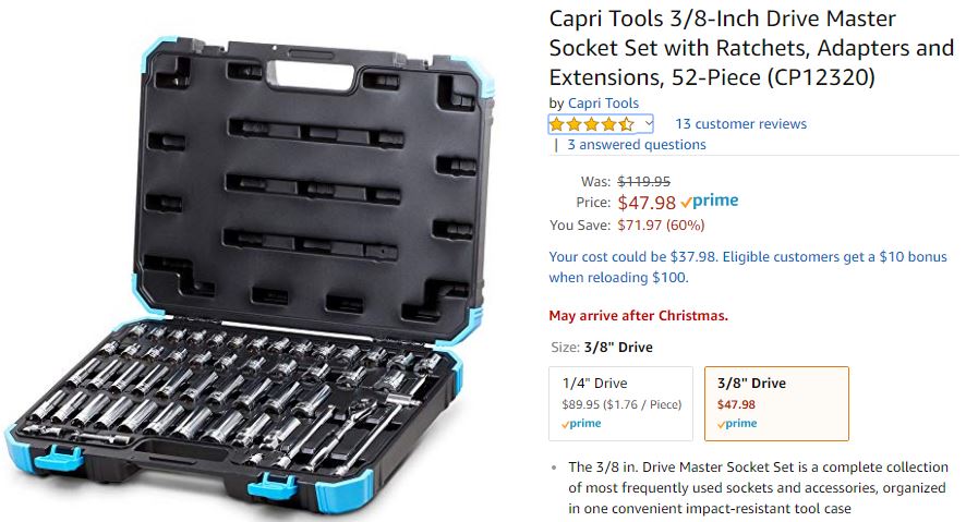 hardknocksforge's tweet photo. #DealAlert Capri Tools 3/8-Inch Drive Master Socket Set with Ratchets, Adapters and Extensions, 52-Piece (CP12320) down from $120 to $48 https://t.co/pkvi2Js5ir https://t.co/3BlsGrqoBl