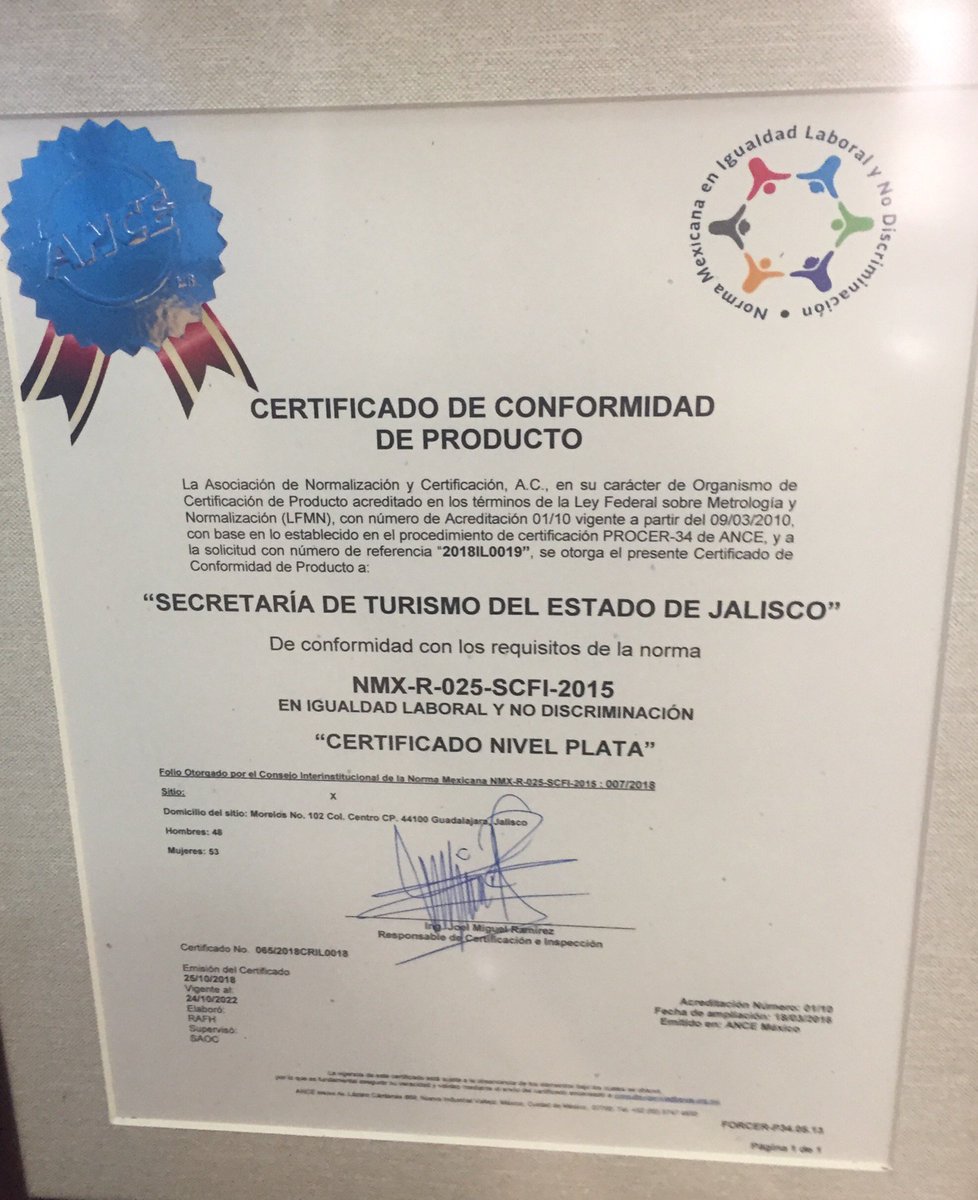 Hoy la <a href="/Secturjal/">Secretaría de Turismo de Jalisco</a> fue la primer secretaría del <a href="/GobiernoJalisco/">Gobierno de Jalisco</a> en otorgársele la certificación de la norma en igualdad laboral y no discriminación, tuve el gusto de recibirla acompañado de <a href="/GermanRalis/">German Kotsiras Ralis</a> quien asumirá el cargo de secretario de turismo en los próximos días.