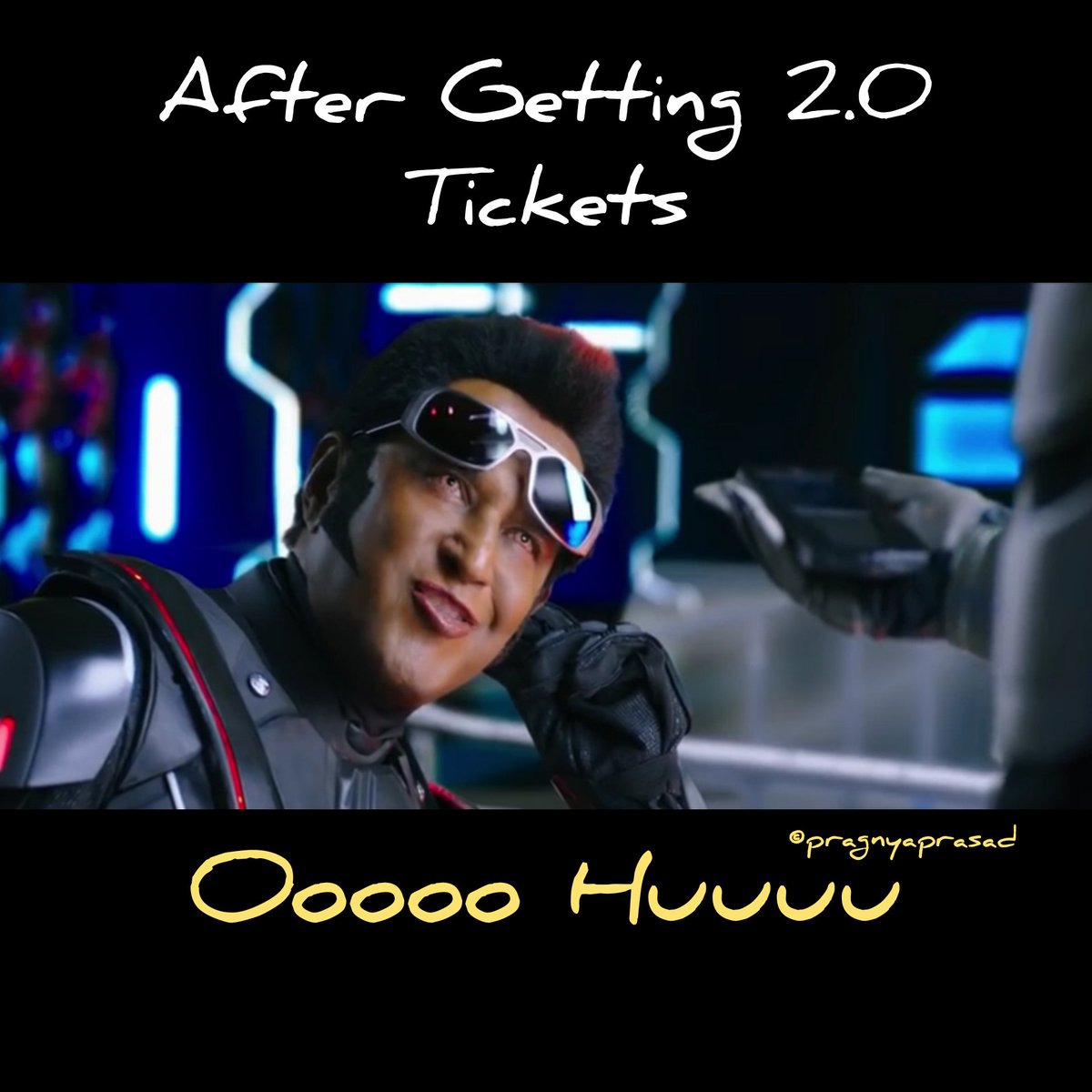 pragnyaprasad's tweet photo. After Getting 2.0 movie ticket
Ooooo Huuuuu #Chitti
#Robot #2.0 #Akki #Rajnikanth #Shankar
Hope I can feel the Hollywood flavour in #Bollywood  movie
#3d #Robot3D
@shankarshanmugh
@LycaProductions @DharmaMovies
@akshaykumar @iamAmyJackson
@karanjohar
#MovieReview #ChittiReturns https://t.co/xFPWrovdlq