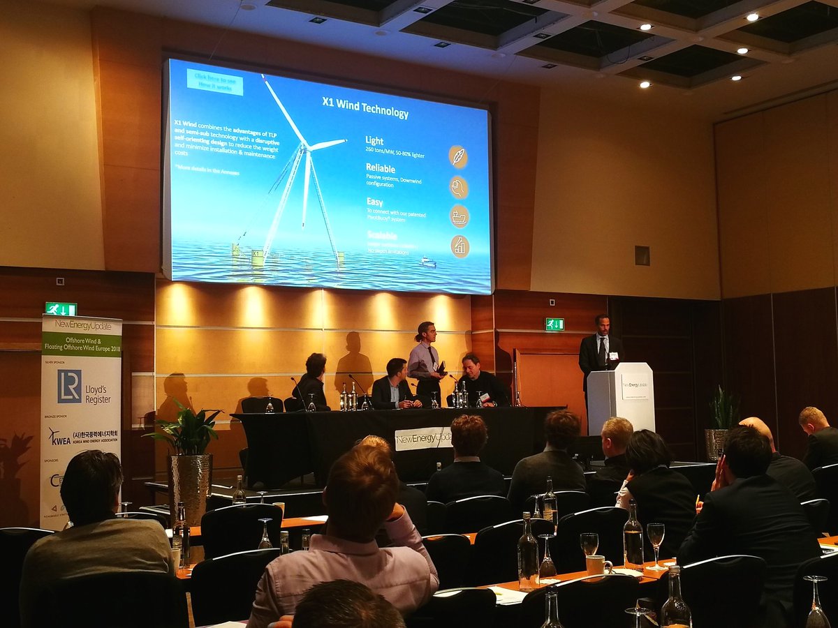 RE_Windpower's tweet photo. We close this year's #OWEU18 #FloatingOffshoreWind with a busy panel discussion 'Now & Next Generation Platforms.'
Chair Mark Spring @lloydsregister with speakers Mark Guyot Eolink, David Carrascosa Francis @saitecoffshore, Alex Raventos @x1_wind, Pascal Heisel @Mareal_Ceteal https://t.co/Ugd42kiMc4