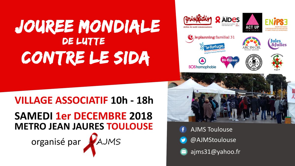 @bmicouleau @chrisalves81 @NadiaPellefigue @PBriancon @AntoineMAURICE @OnestaGerard @FSimonToulouse @RomainCujives 
Venez visiter le Village associatif du 1er décembre à Toulouse, Journée mondiale contre le sida 
Infos & contact Facebook.com/AJMSToulouse  ajms31@yahoo.fr