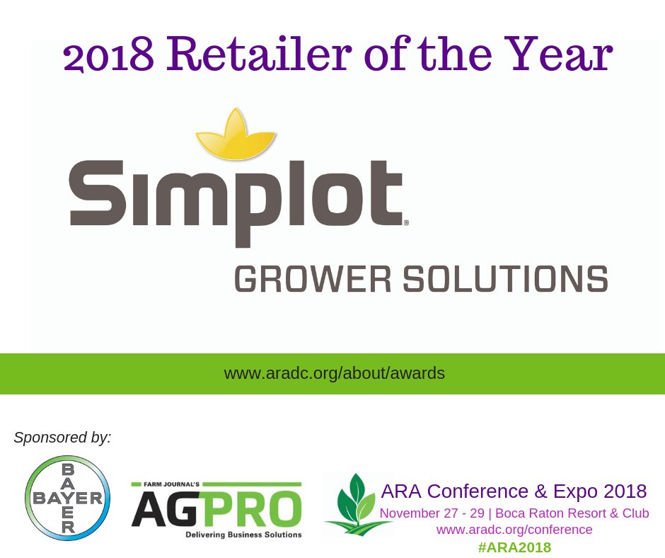 AgRetailers's tweet photo. Simplot Grower Solutions Named ARA 2018 Retailer of the Year. Video: https://t.co/afqjyztId5 
Release: https://t.co/wIxqqjjH4P @simplotcompany @bayer @bayer4crops @agprofessional 
.
#ARA2018 #agretailers #agretail https://t.co/QLLPJDhLbC