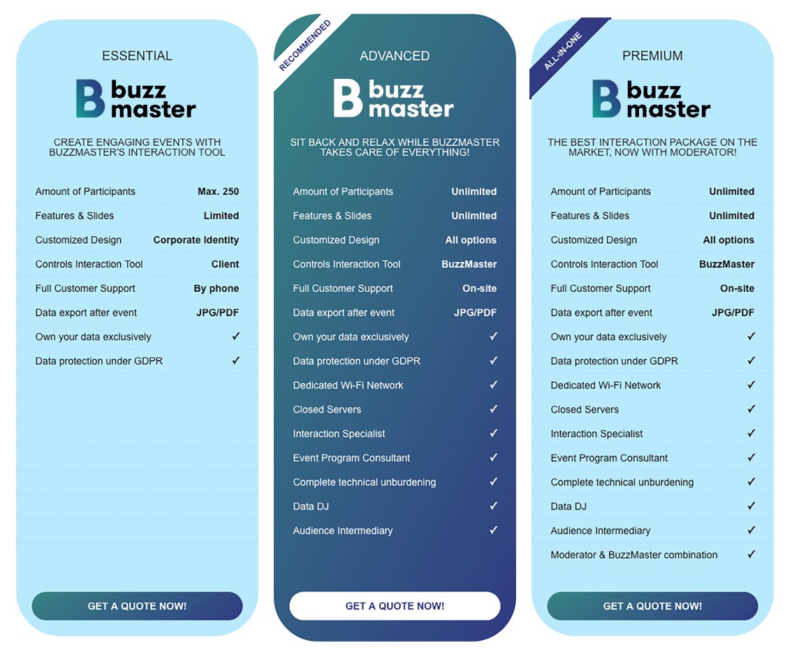 thebuzzmasters's tweet photo. Check out our brand new #BuzzMaster service packages! With a new #Essential package that offers just the interaction tool without an interaction specialist, and our new #Premium package that offers your trusted BuzzMaster service WITH a moderator! #EventTech #Business #EventProfs https://t.co/BXEbDWREkG