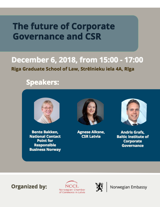 NorwChamberLV's tweet photo. Join us on Dec. 6 at 15:00 for a seminar on the Future of Corporate Governance and CSR with participation from the Norwegian National Contact Point, @CSRLatvia and @BICG_corpgov https://t.co/86dzp0ki9w
