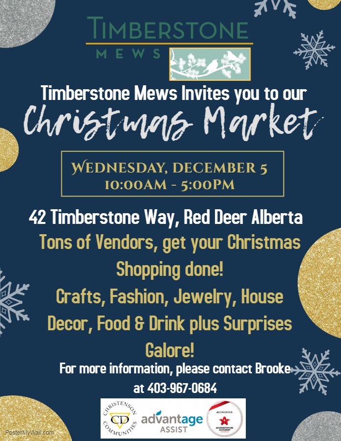 If you live in the Red Deer area and want to get a jump on your Christmas shopping, join us Wednesday, December 5th at Timberstone Mews for our Christmas Market. Enjoy festive camaraderie, explore the offerings from dozens of vendors and enter for a chance to win our door prizes!