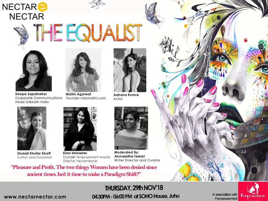 kirensrivastav's tweet photo. โPleasure and Profit the two things denied to women since ancient times #theequalist #nectarnectar #fempowermentawards @MissMalini @AahanaKumra @shunalishroff @DeepaSapatnekar @anuraadhatewari @FempowermentMC so looking forward for this interesting conversation #womenempowerment https://t.co/0EHK5Se9Xg
