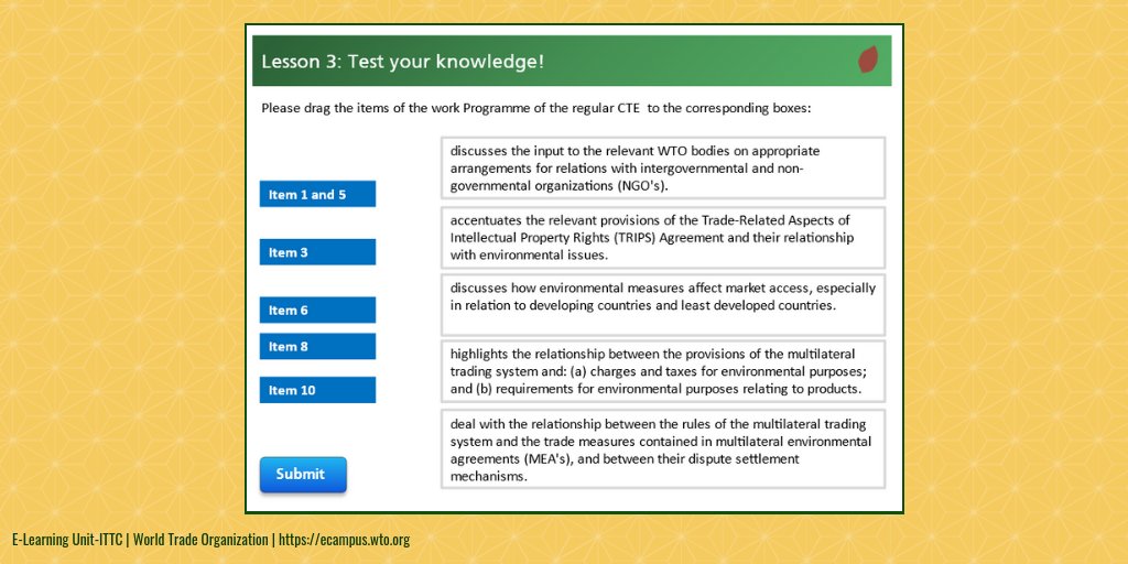 wtoelearning's tweet photo. Do you know what is the work programme of the regular Committee on #Trade and #Environment? Can you match the items to the corresponding boxes? Please register in the course on #Trade and #Environment to check the solution! #WTOELearning https://t.co/ktq0wTPdFz https://t.co/AgJus9zU42