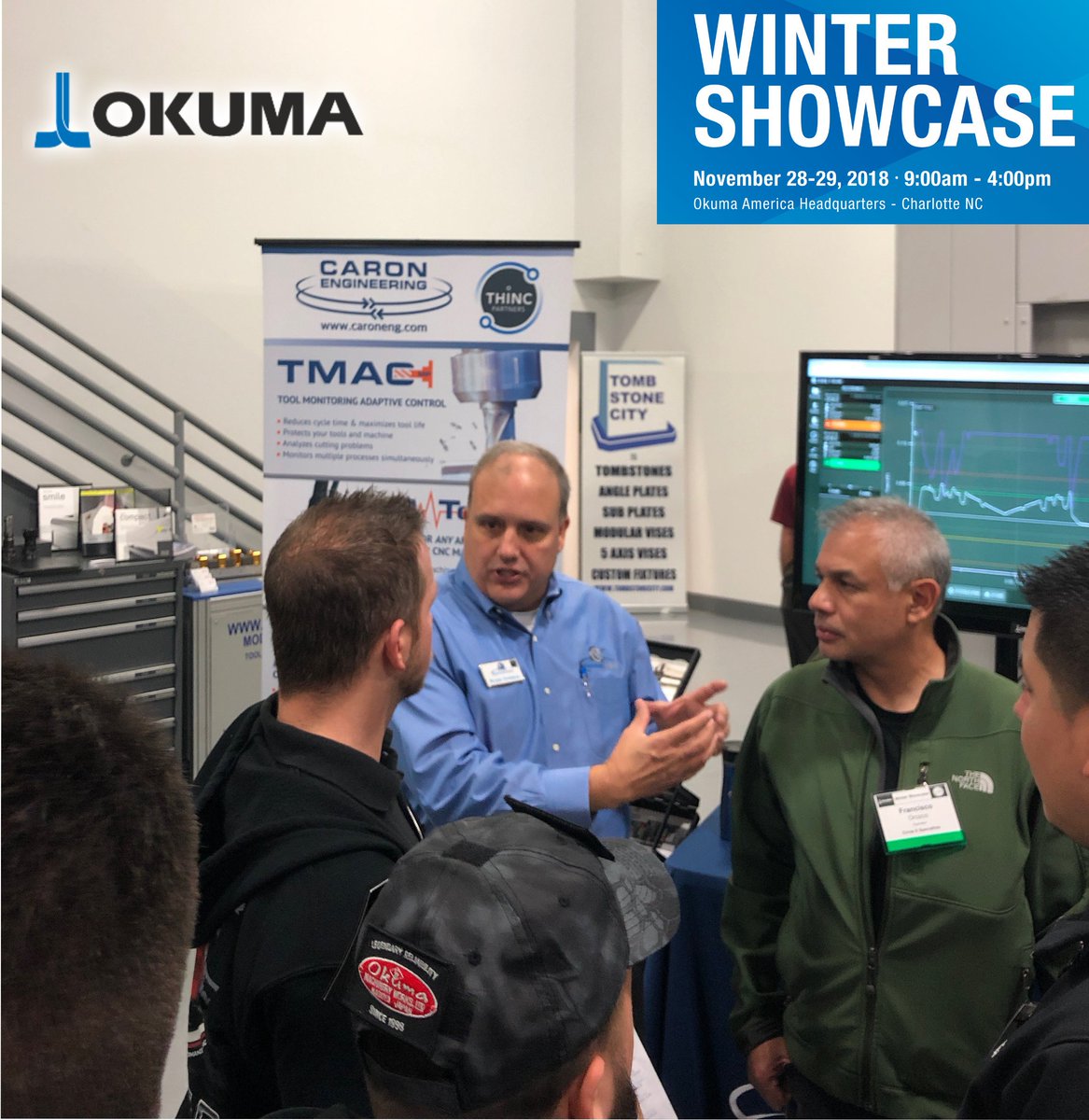 caron_eng's tweet photo. We're here at the @OkumaAmerica Winter Showcase today and tomorrow! Look for Rob Caron, Mike Laurendeau, and Bryan Newman showcasing our new #TMAC 3.0 on the #Okuma MA-500HII.
#optimization #PartnersinTHINC #toolmonitoring https://t.co/mDsce6QLQB