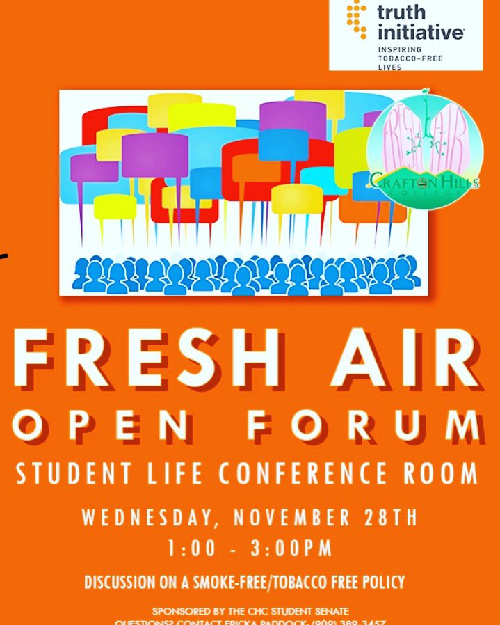 CHCStudentLife's tweet photo. It’s TODAY! See you at 1pm in Student Life to discuss the idea of Crafton becoming a smoke free campus! #yourvoicematters https://t.co/5vk0DJzCBz