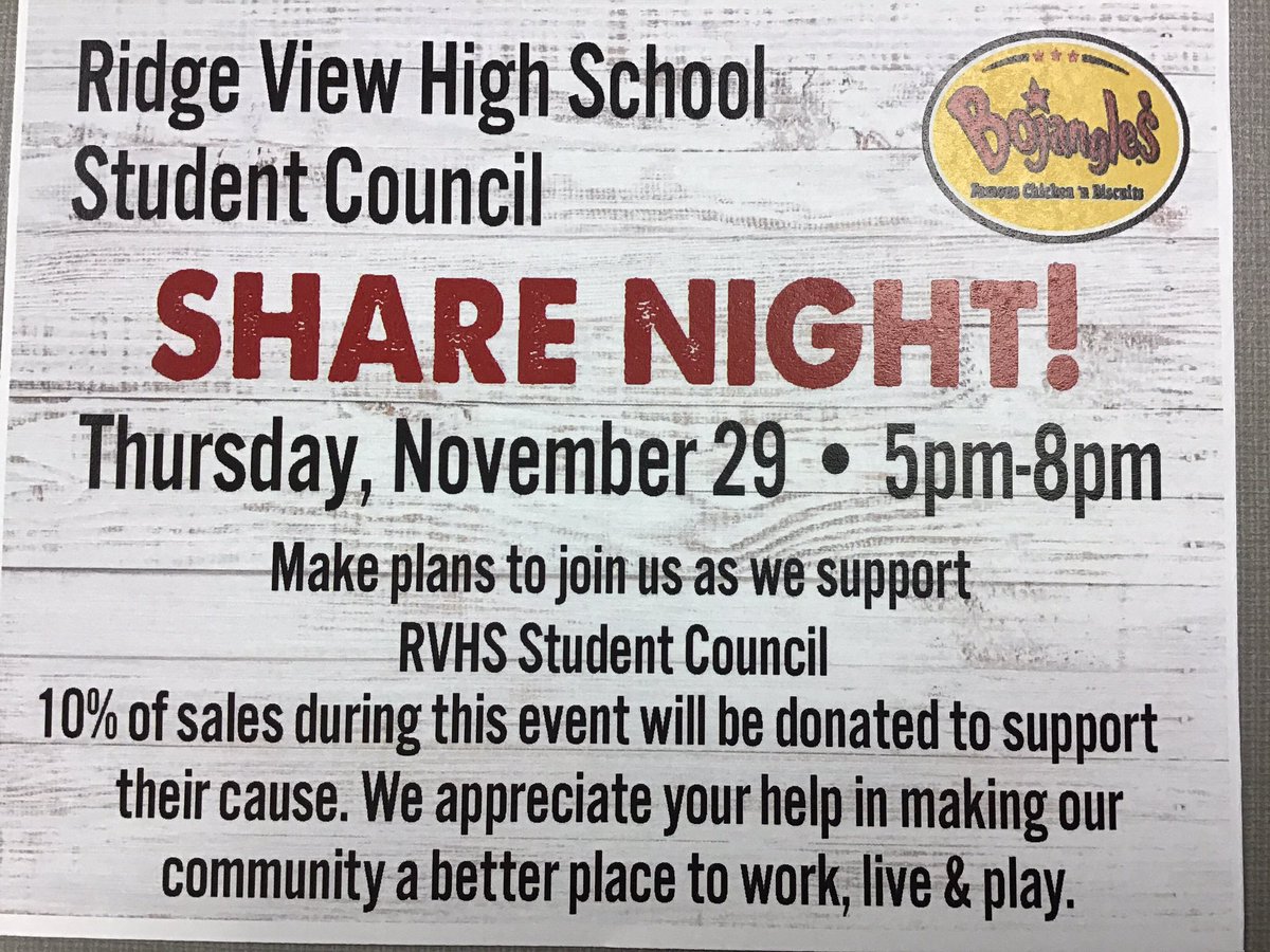 RidgeViewStuCo's tweet photo. Make sure you come out to our spirit night tomorrow at Bojangles! (2800 Clemson Road) All money raised goes towards various student activities throughout the year! Come see us in between the hours of 5 and 8pm. It’s Bo Time! 🕔 https://t.co/4V7ygBOvcd
