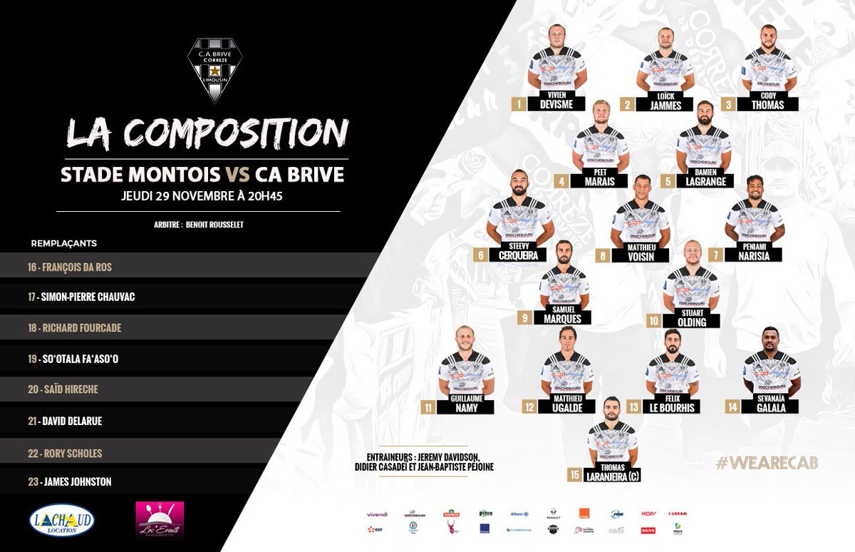 📋 La composition du CAB pour affronter le @SMR_Rugby demain soir ! A noter que Cody Thomas connaitra sa première titularisation sous les couleurs brivistes. Découvrez la composition complète :
#SMRCAB
👉 https://www.cabrive-rugby.com/index.php/news/803-la-composition-du-ca-brive-face-au-stade-montois …