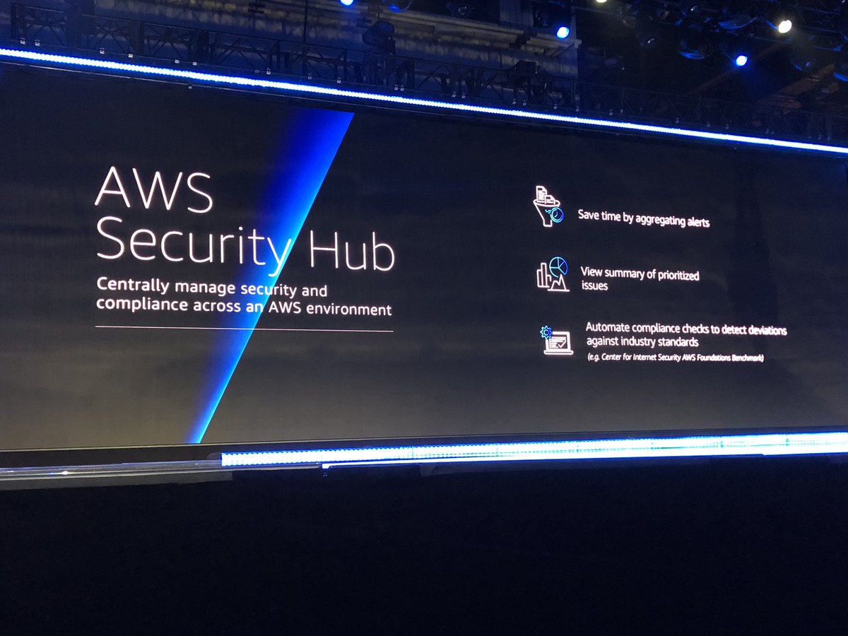 AWSEvents's tweet photo. AWS Security Hub: centrally manage security &amp; compliance across an AWS environment - including partners. #reInvent https://t.co/M2hTyniRQK