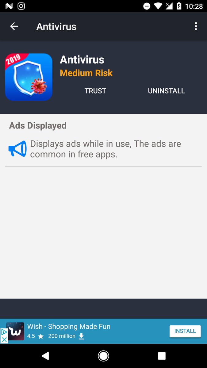 LukasStefanko's tweet image. Would you use AntiVirus that detect itself as risky app?

This Fake Antivirus 2019 uses only blacklist &amp;amp; whitelist for package names of apps + permissions check. Still forget to whitelist itself.