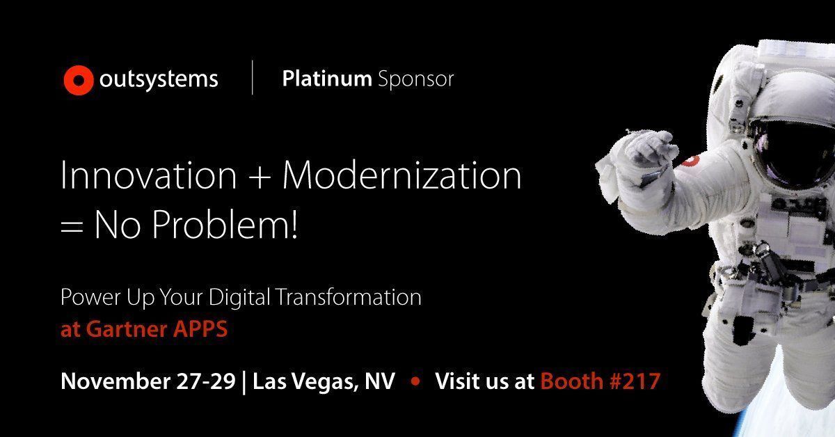 OutSystems's tweet image. We're excited to be attending #GartnerAPPS in #LasVegas, make sure to stop by our booth (217) or meet us at the OutSystems Pop-Up Zone! @Gartner_Events #FutureofCoding bit.ly/2A8wxMx