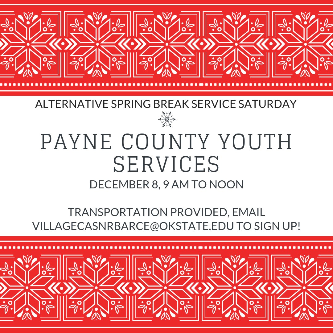 ASBOkstate's tweet image. Join @ASBOkstate for our December Service Saturday at Payne County Youth Services on December 8, 9 am to noon! Transportation provided! Email villagecasnrbarce@okstate.edu to sign up! #service #okstate #asb #alternativespringbreak #osu #servicetrip