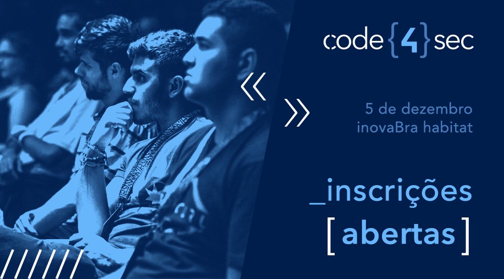 Code4SecBR's tweet image. ⚠️ #Code4Sec está chegando ⚠️  
Garanta seu lugar no evento de #AppSec que trará palestras e workshops nos dias 5 e 6 de dezembro. Participe bit.ly/2JWBtbR
