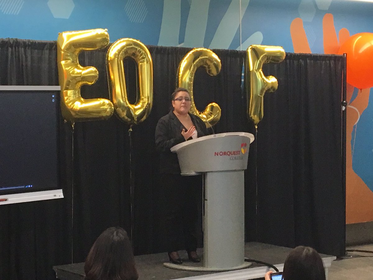 JonDRobb's tweet photo. Thank you Emma from Saddle Lake Cree Nation for your graduate testimony from the first ever intake of the Airline Flight Attendant program @NorQuest @NorQuestConEd #SaddleLakeCreeNation #EOCFHIParty #NorQuestHospitality #Oil_Foundation https://t.co/u7cz3IM9AO