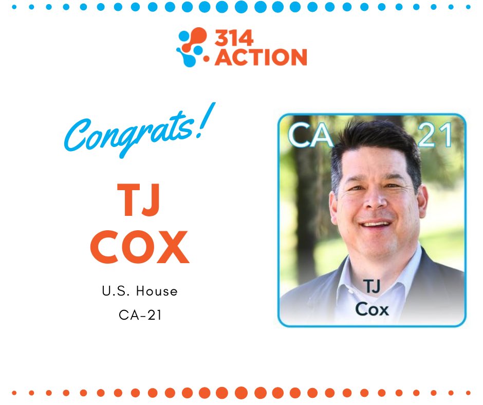 314action's tweet photo. JUST IN: Congrats to @TJCoxCongress for his victory in #CA21! #electengineers https://t.co/Wr9D3apMzM